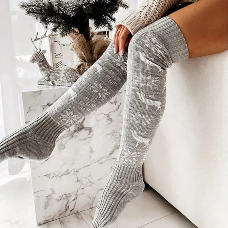 Beautiful Elk Snowflake Over-the-knee  Long Socks For Ladies